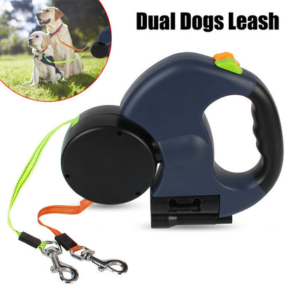 Laisse 360 Rétractable Double 5-en-1 pour 2 Chiens – Lampe LED & Distributeur de Sacs Intégrés