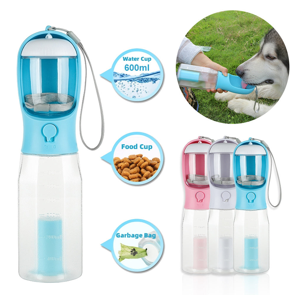 Bouteille d'Eau pour Chien 4 -en-1 – Portable, Gourde Alimentaire, Distributeur de Sacs & Tasse – 600ml