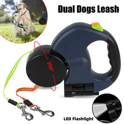 Laisse 360 Rétractable Double 5-en-1 pour 2 Chiens – Lampe LED & Distributeur de Sacs Intégrés